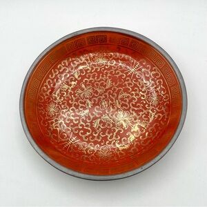 Vintage Neiman Marcus Orange & Gold Decor Plate Pewter Mounted Hong Kong 7.5”